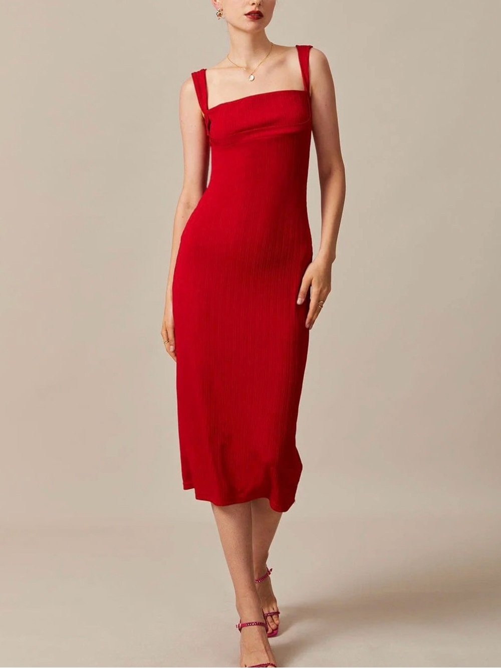 RIHOAS Red Square-Neck Ribbed Bodycon Dress - Picture 2 of 3